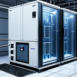 A sleek, futuristic quantum computer cryostat shimmering with icy mist, dwarfing surrounding industrial-scale refrigeration units. Emphasize extreme cold, glowing super-conducting wires, and a sense of immense energy consumption in a data center environment, with subtle electric power lines running into the scene.