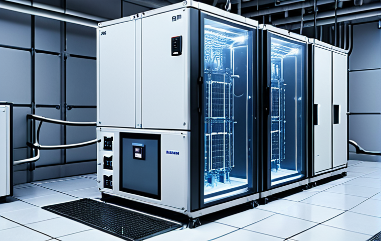 A sleek, futuristic quantum computer cryostat shimmering with icy mist, dwarfing surrounding industrial-scale refrigeration units. Emphasize extreme cold, glowing super-conducting wires, and a sense of immense energy consumption in a data center environment, with subtle electric power lines running into the scene.